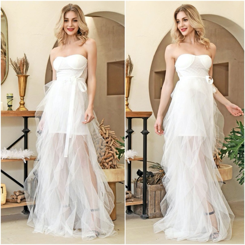 White belted boho mesh ruffle maxi dress wedding - Picture 2 of 3